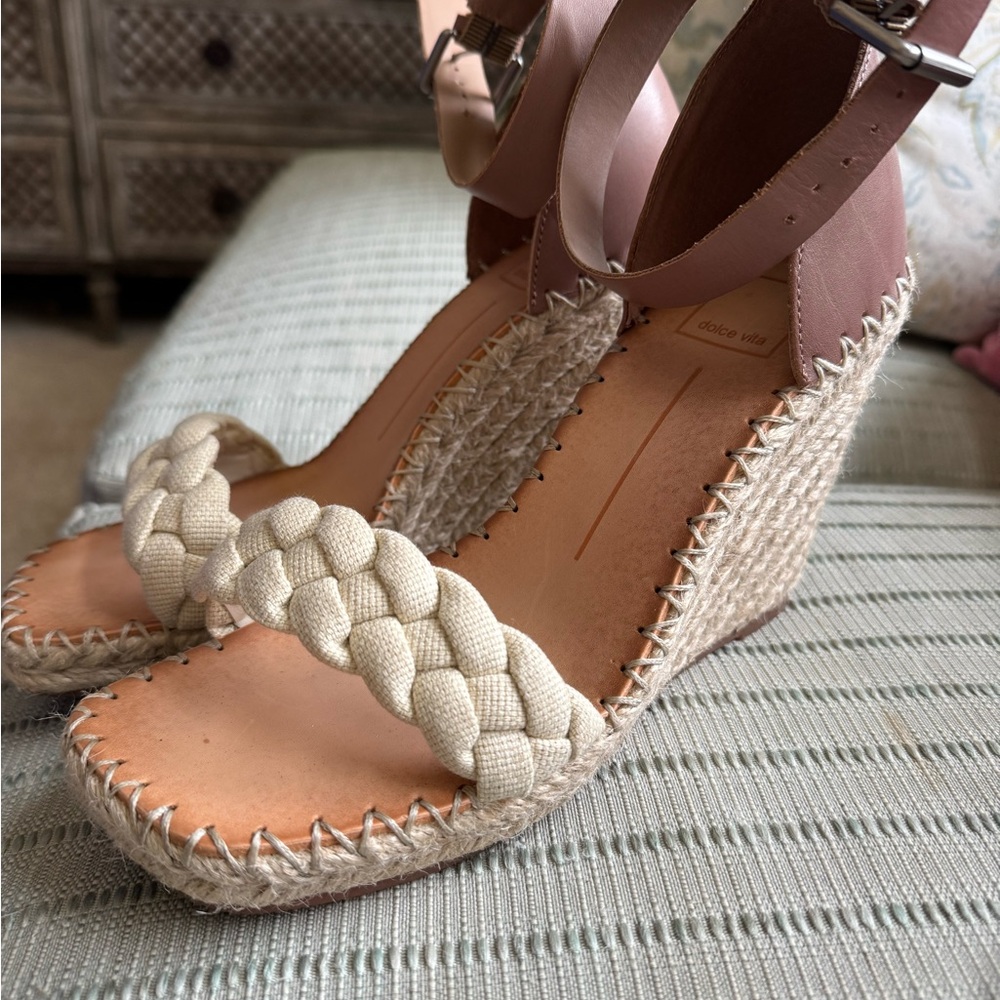 Braided Wedge Sandals - Cream and Tan
